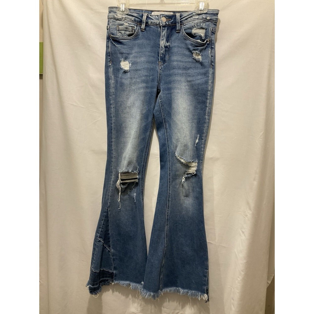 Women's Distressed Blue Flare Jeans - Wide Leg